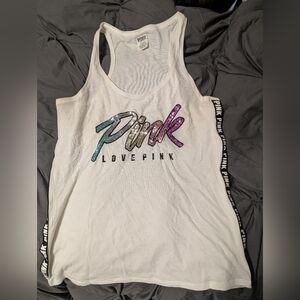 PINK Victoria’s Secret Sequin Logo Racerback Tank Top – White – Size Large – NWO